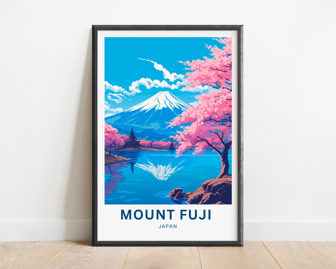 Vintage Style Mount Fuji Japan Cherry Blossom Lake Reflection Poster