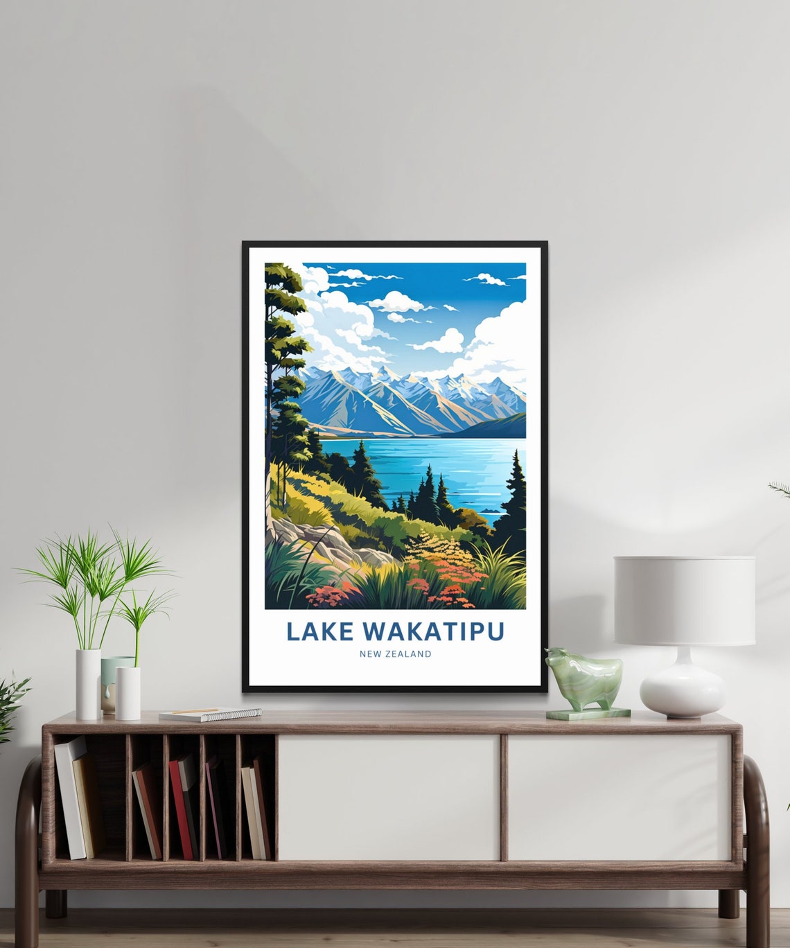 Lake Wakatipu New Zealand Pink Wildflower Hillside View Poster - Image 3
