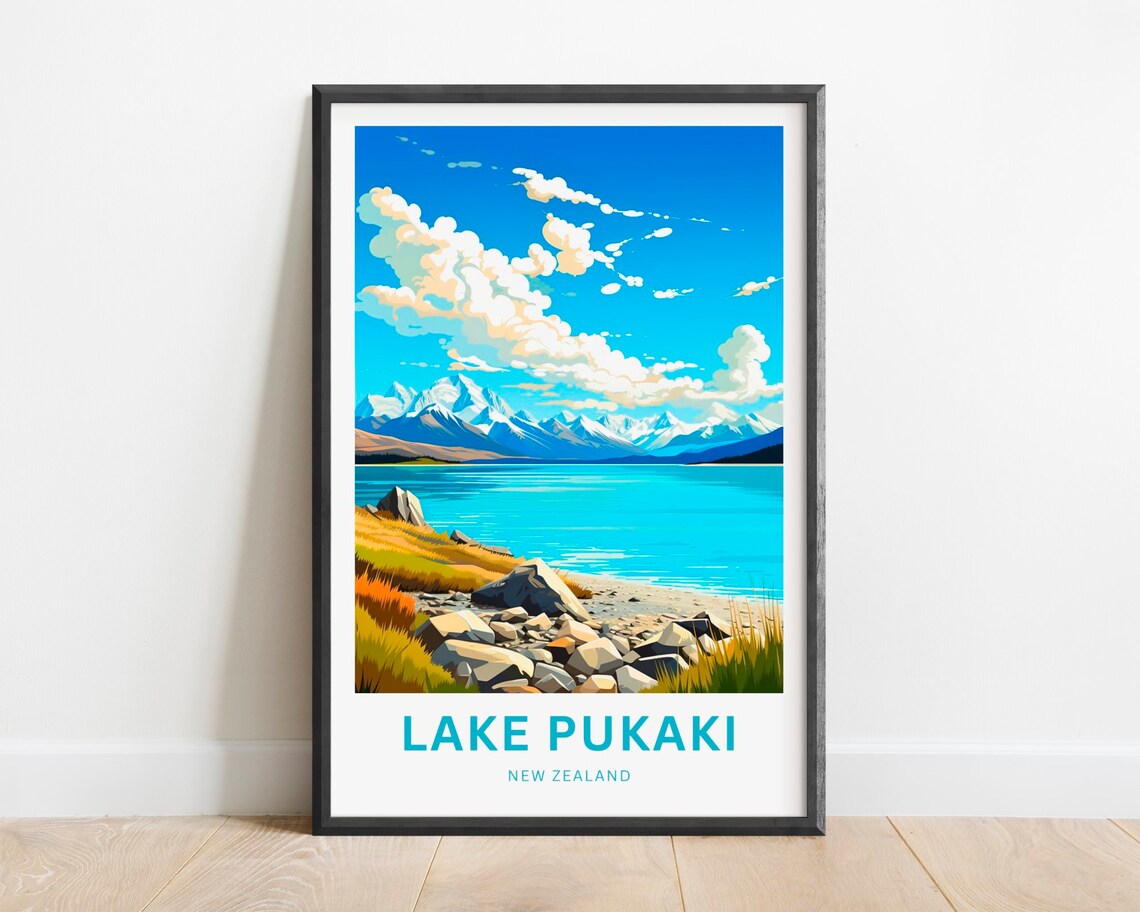 Lake Pukaki New Zealand Turquoise Rocky Alpine Shore Travel Poster