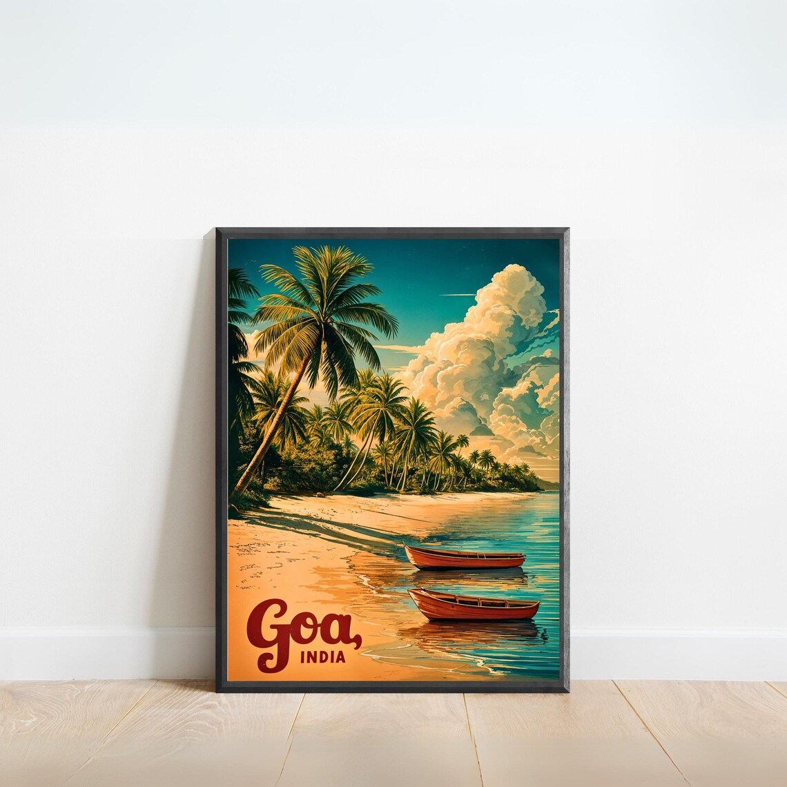 Goa India Palm Beach Sunset Boats Vintage Retro Travel Poster