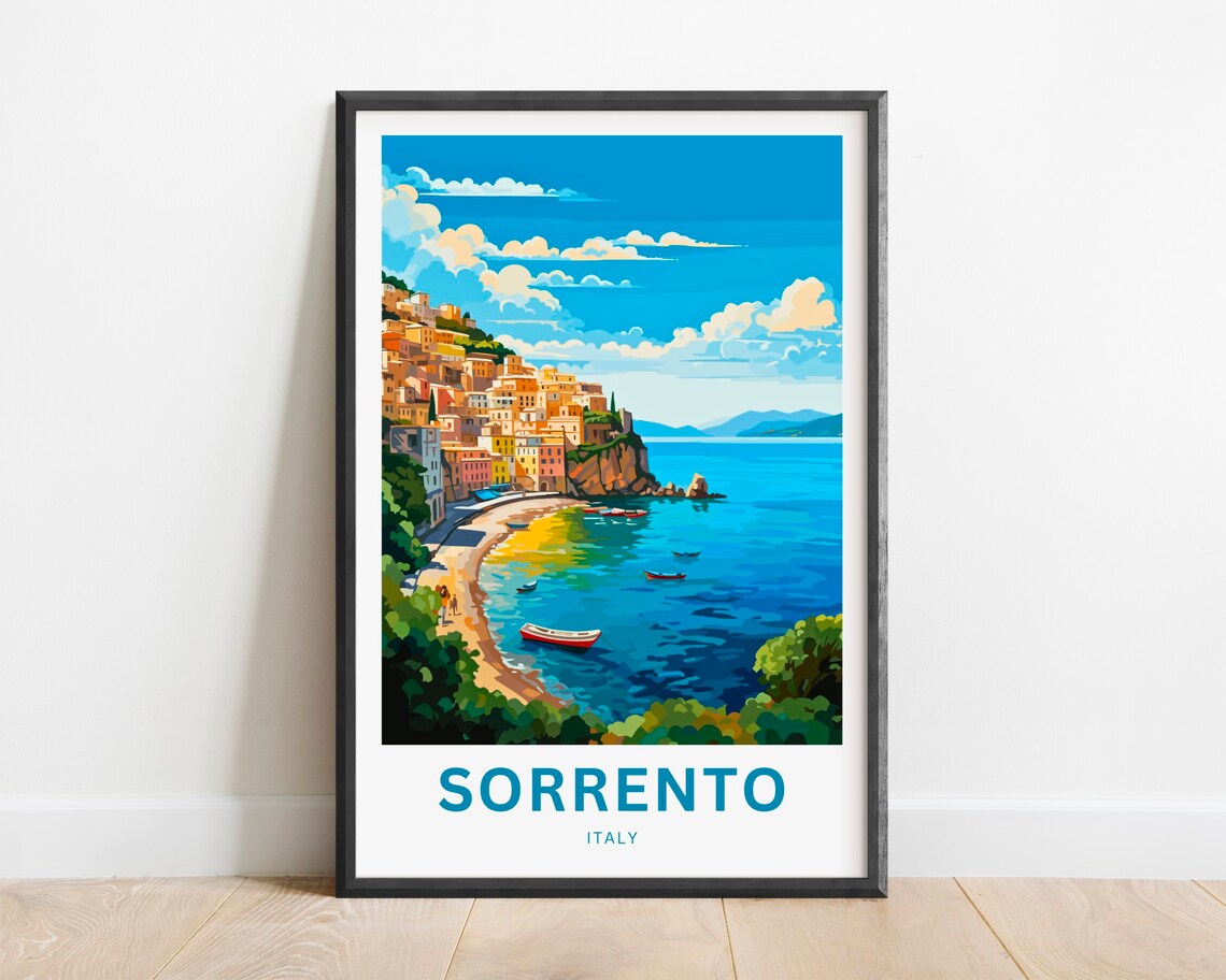 Sorrento Italy Crescent Bay Sailboats Modern Coastal Travel Poster