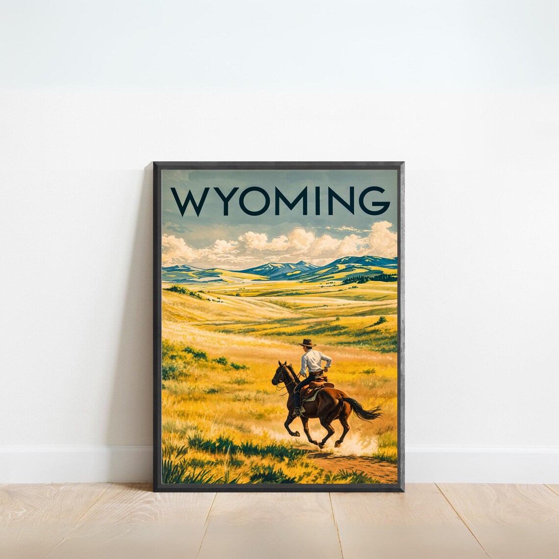 Wyoming Vintage Cowboy on Horseback Golden Plains Scene Travel Poster