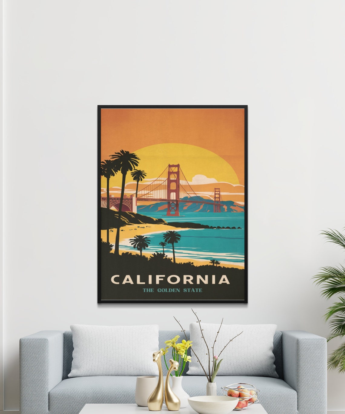 California Golden Gate Sunset Beach Palm Retro Travel Poster