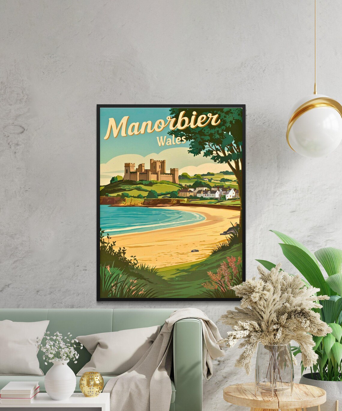 Manorbier Wales Vintage Castle Hill Beach Retro Travel Poster - Image 3