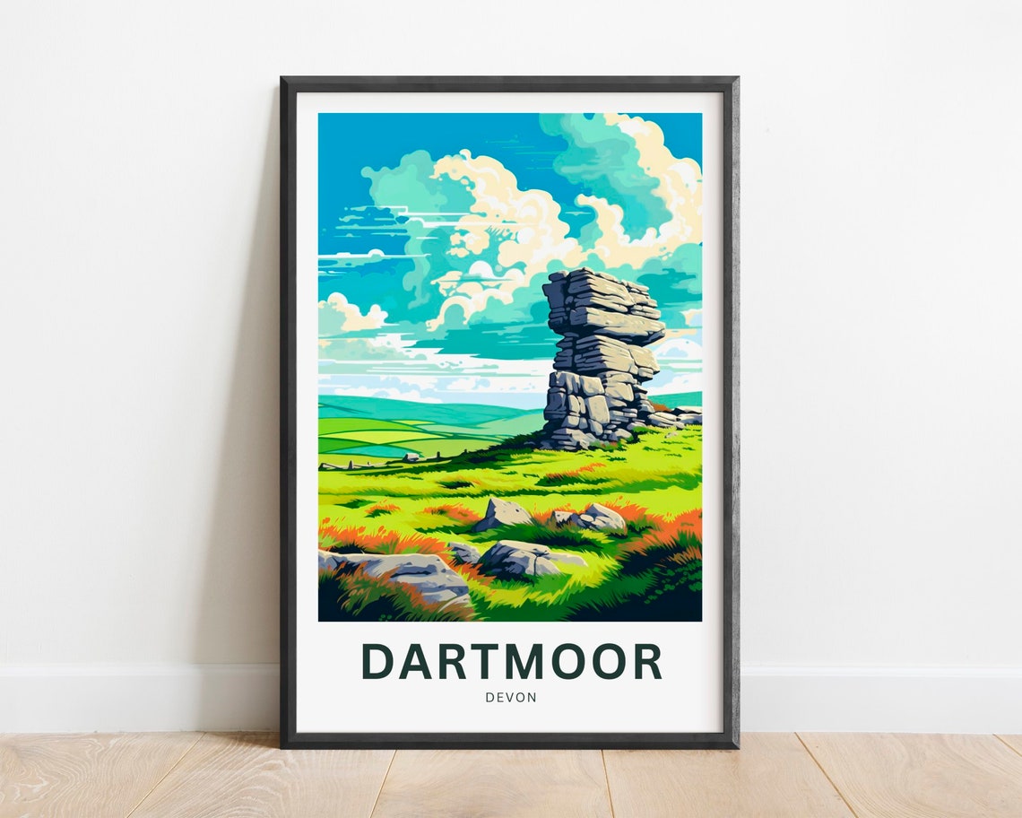 Dartmoor Devon Stacked Rock Tor Grassland Scene Travel Poster