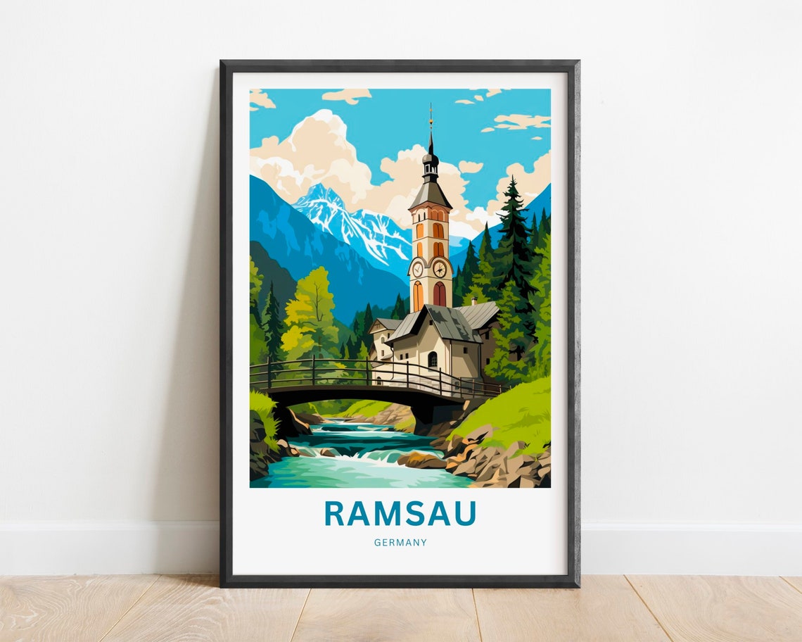 Ramsau Germany Alpine Church Bridge River Mountain Scenery Poster