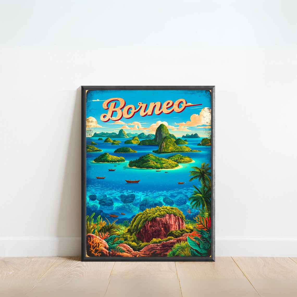Borneo Tropical Islands Turquoise Sea Vintage Art Travel Poster