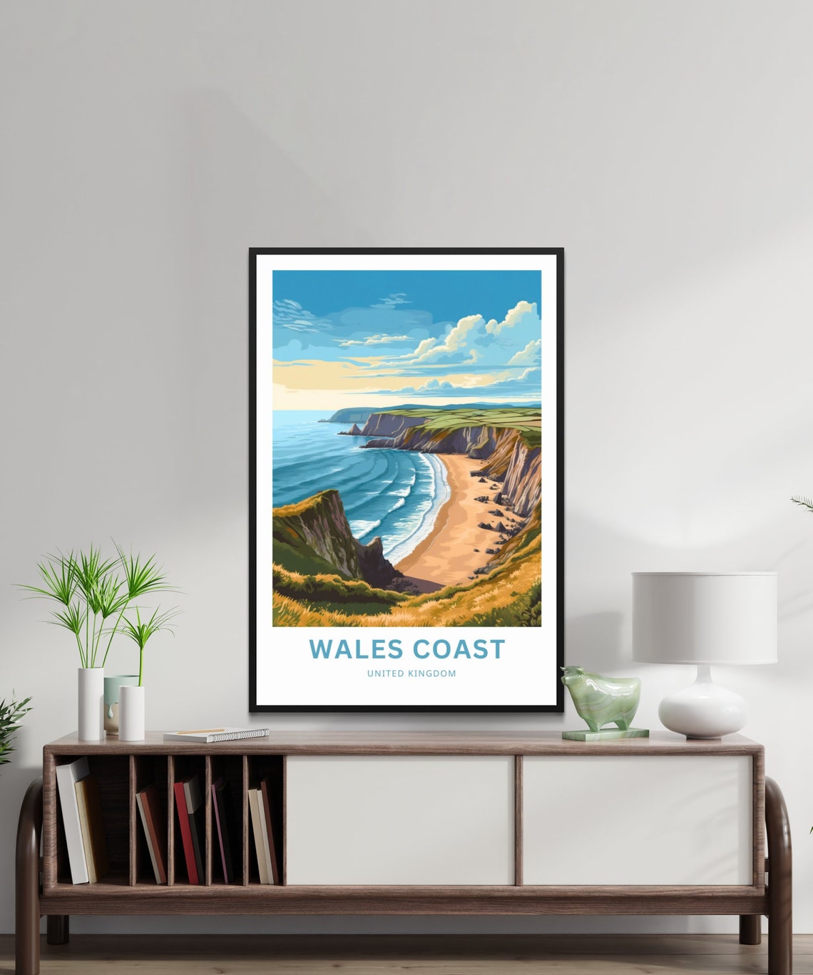 Wales Coast United Kingdom Red Cliffs Sandy Beach Sunset Travel Poster - Image 2