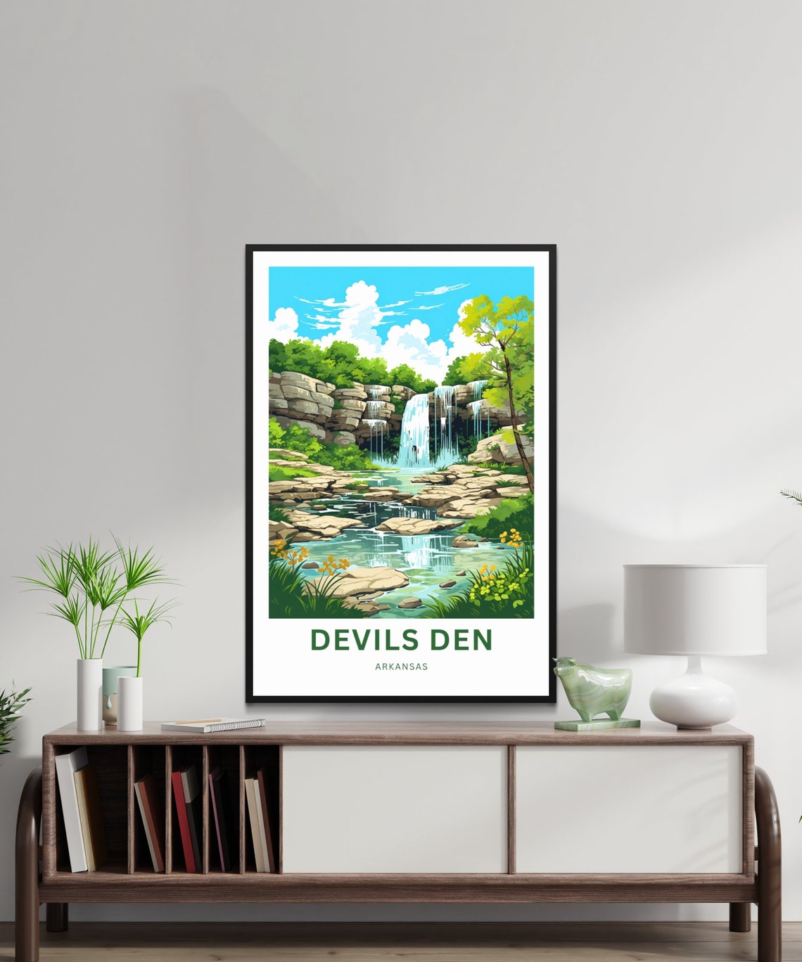 Devils Den Arkansas Creek Waterfall Travel Illustration Poster - Image 2
