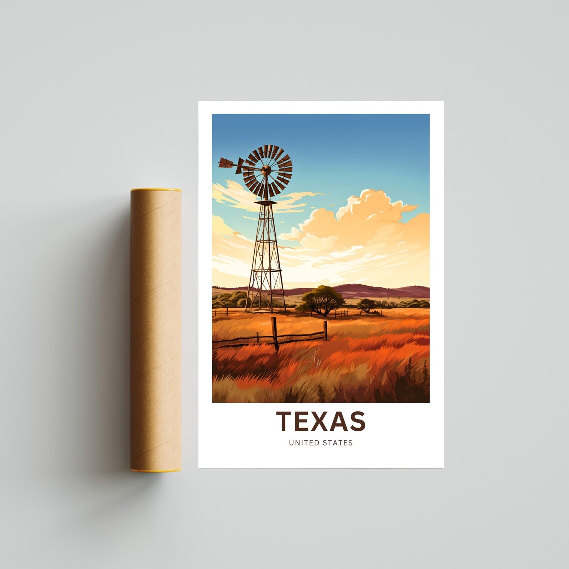 Texas Windmill Over Wheat Field Blue Sky Country Landscape Poster - Image 4