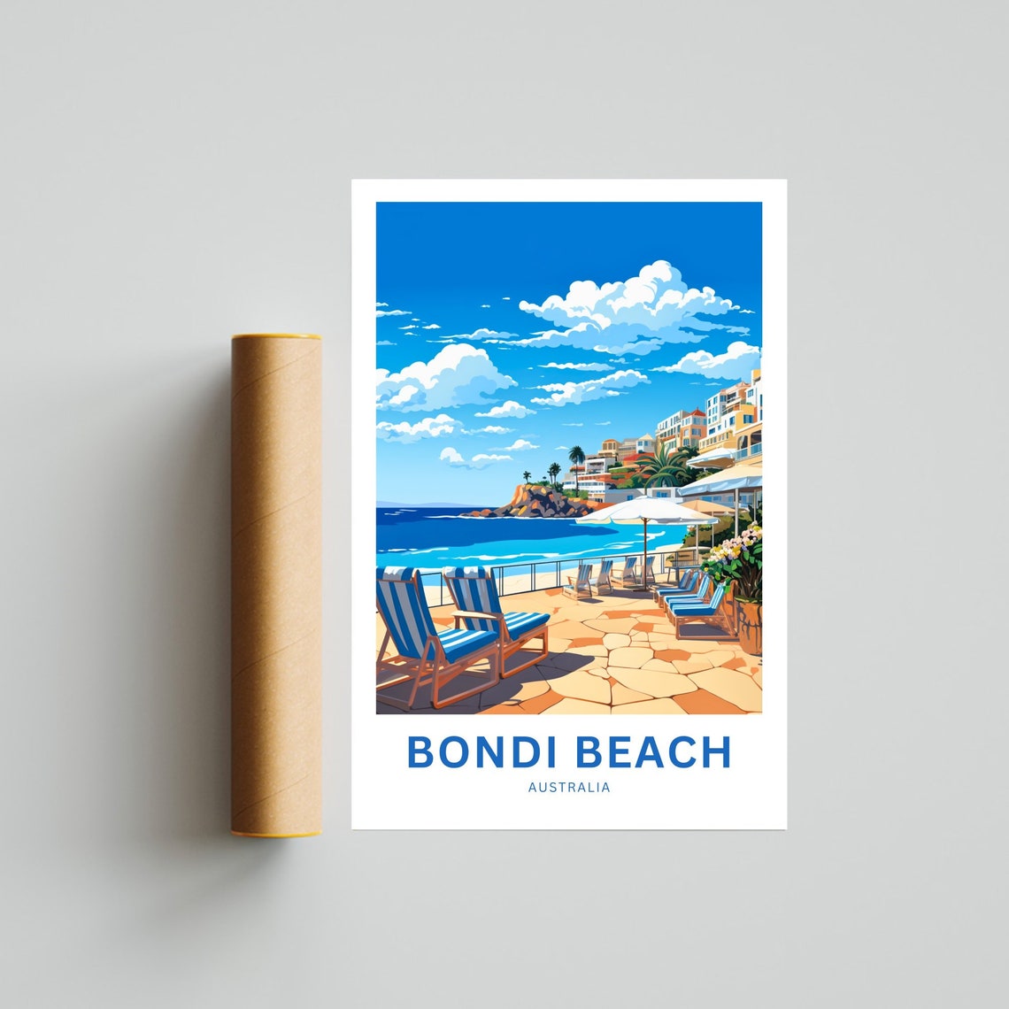Bondi Beach Australia Striped Deck Chairs Terrace Travel Poster - Image 4