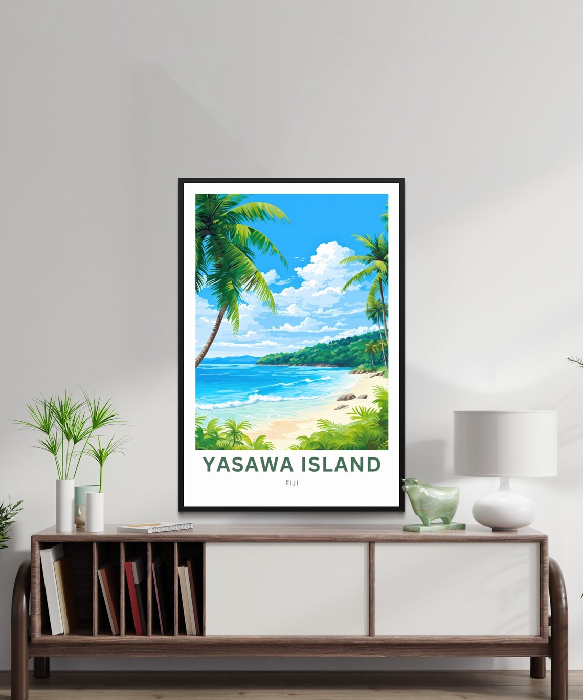 Yasawa Island Fiji Palm Framed Cove Rocky Shore Scene Poster - Image 2