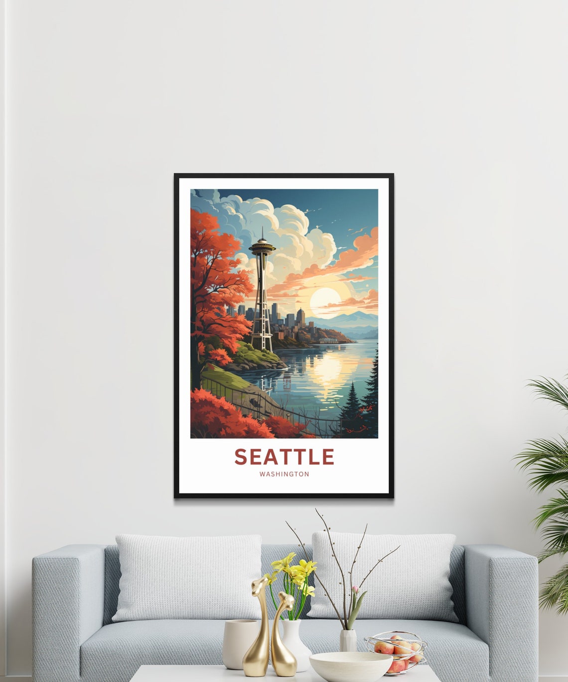 Seattle Washington Space Needle Sunset Skyline Fall Foliage Poster - Image 3