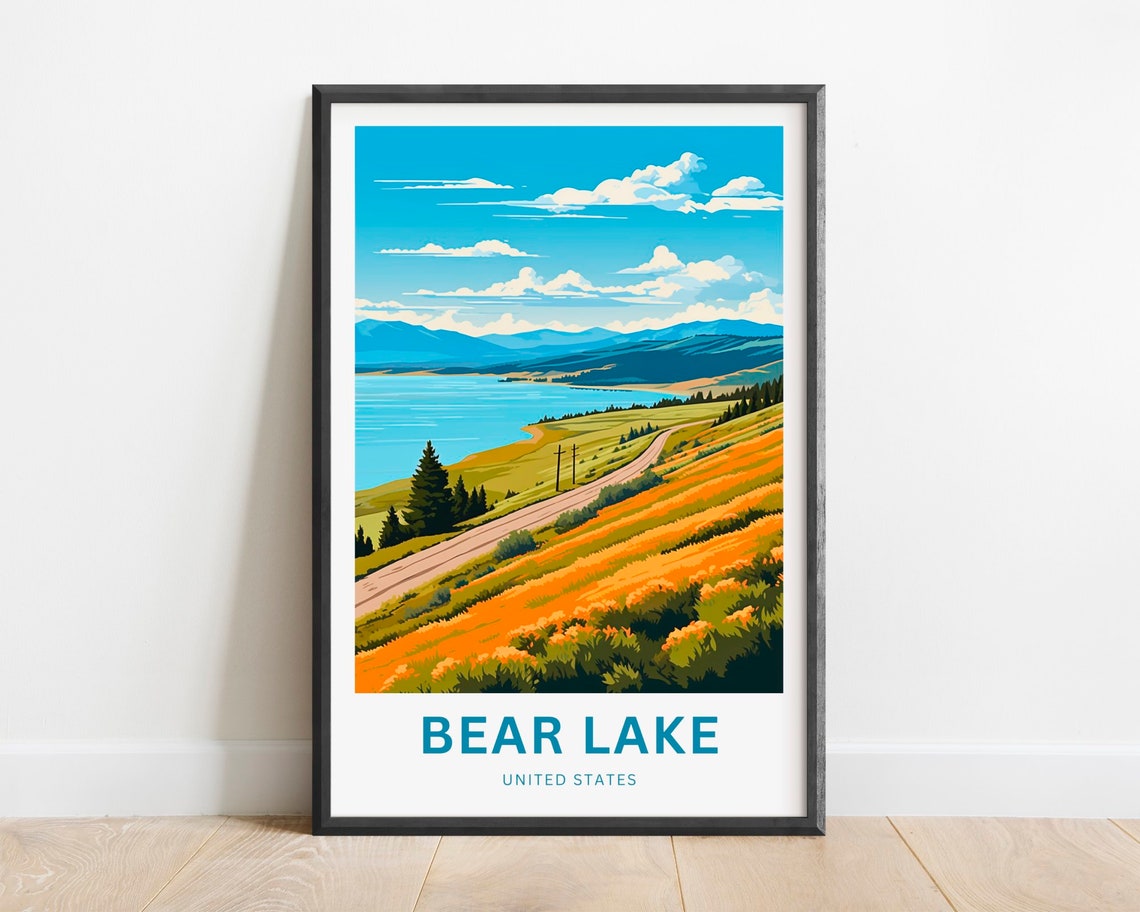 Bear Lake Wildflower Hillside Road Mountain Lake Sunset Travel Poster