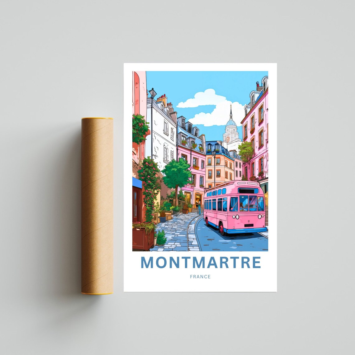 Personalized Montmartre Paris Pink Bus Vintage Street Scene Poster - Image 4
