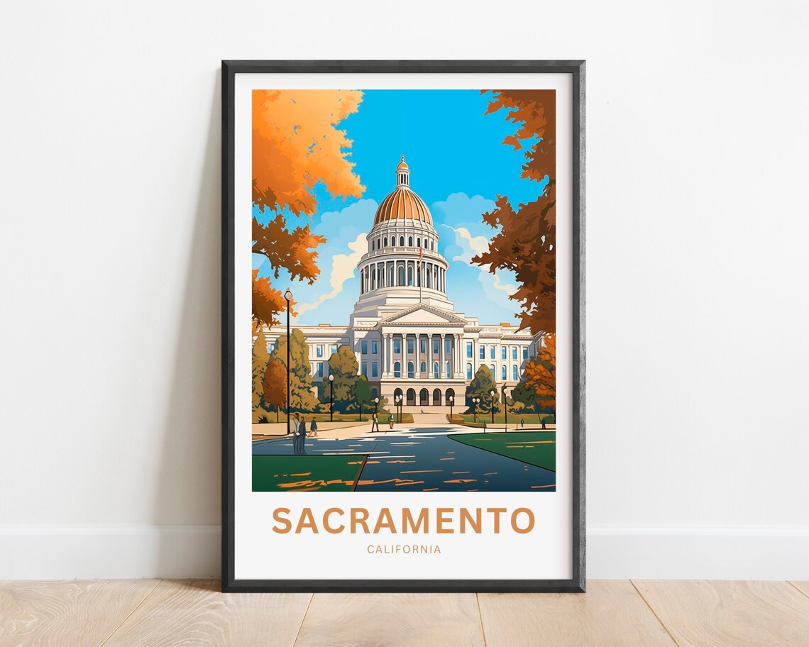 Sacramento California State Capitol Dome Autumn Trees Travel Poster