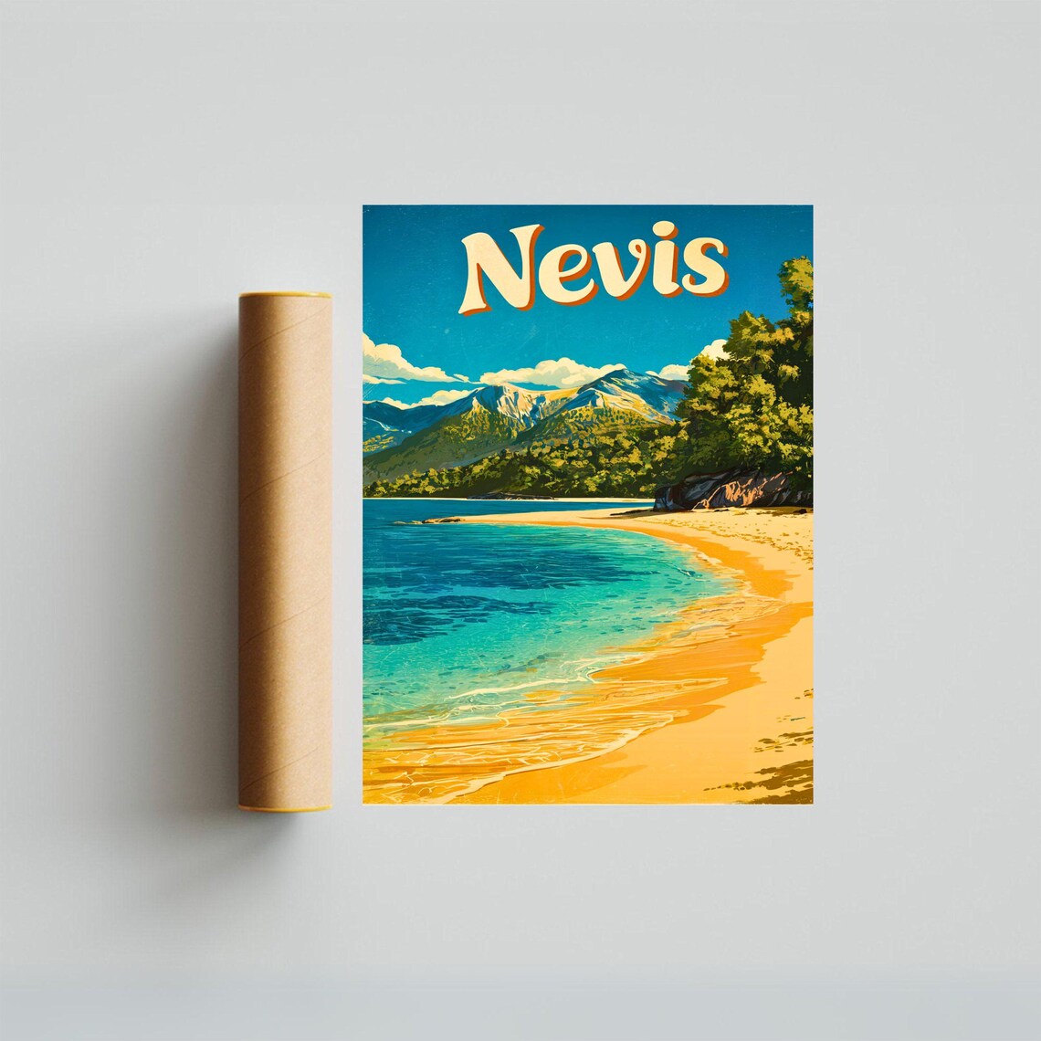 Vintage Nevis Caribbean Golden Cove Beach Mountain Travel Poster - Image 3