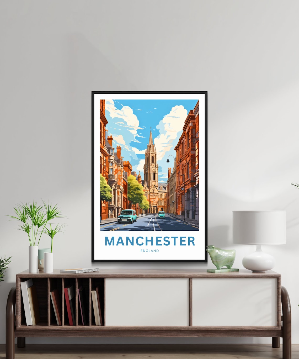 Manchester England City Street Church Red Brick Travel Poster - Image 3