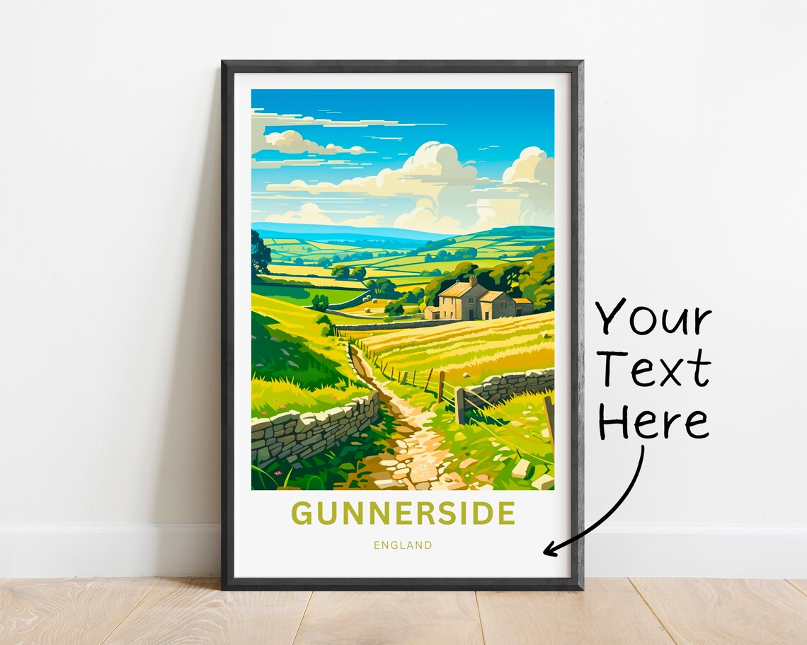 Gunnerside England Green Valley Farmhouse Stone Wall Travel Poster - Image 2