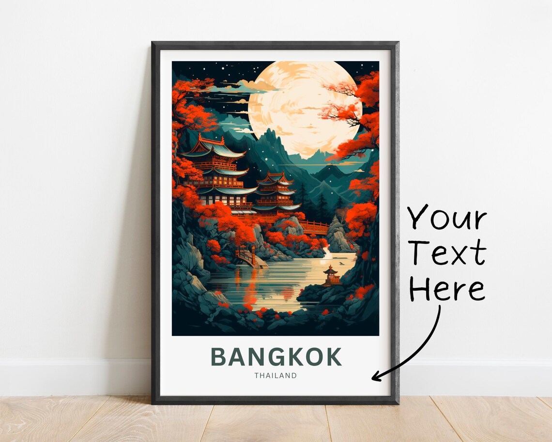Personalized Bangkok Thailand Moonlit Pagoda Lake Custom Travel Poster
