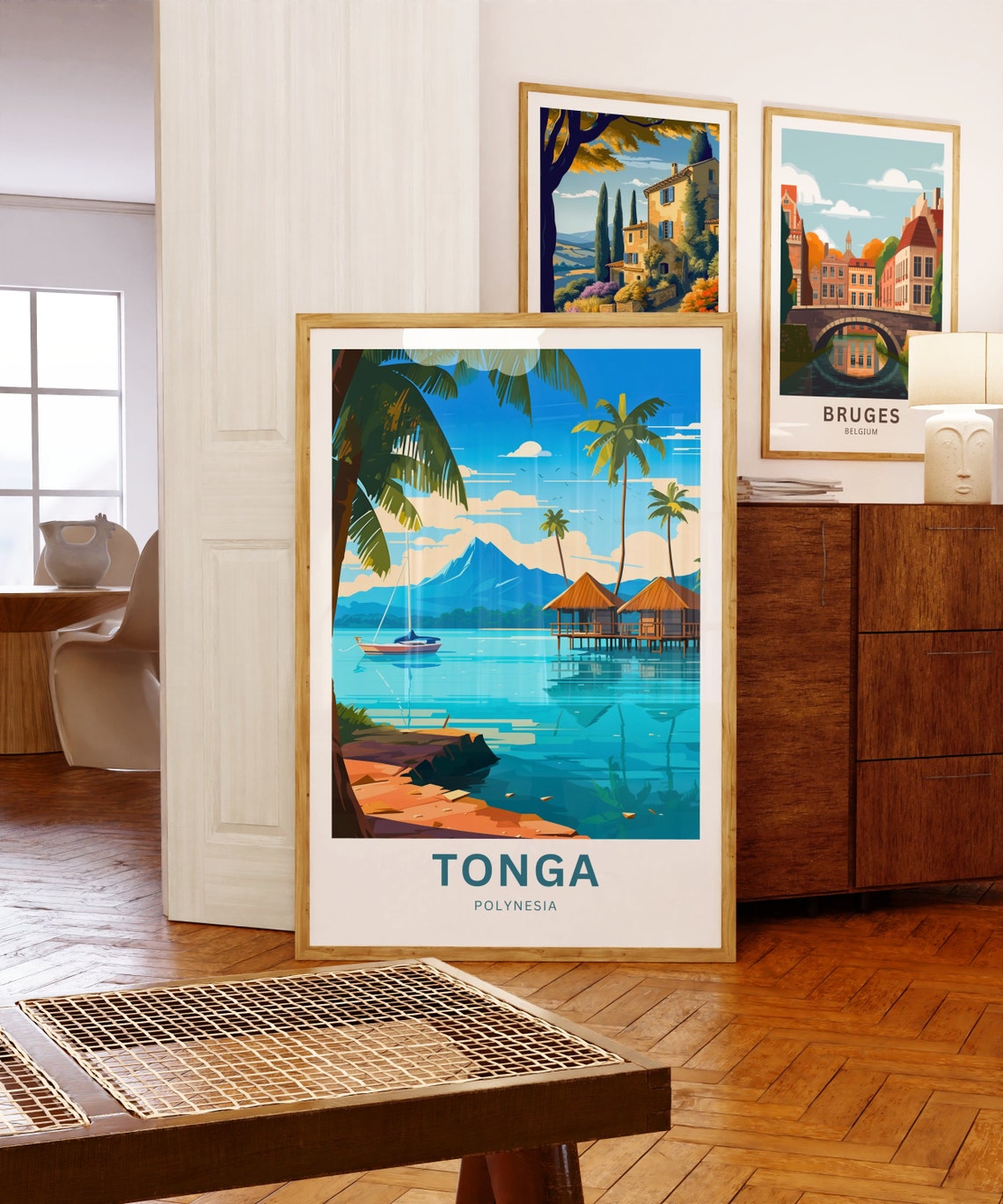 Tonga Polynesia Lagoon Overwater Huts Sailboat Tropical Scene Poster - Image 5