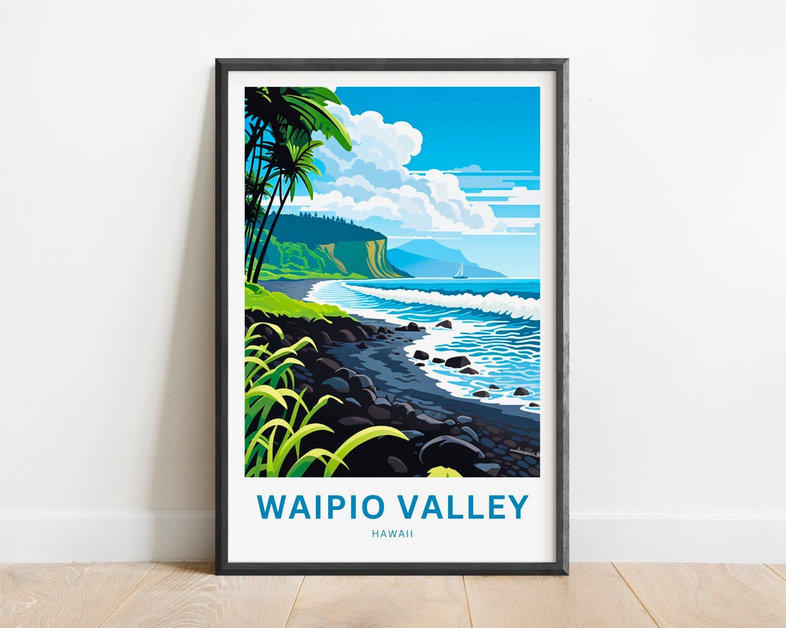 Waipio Valley Hawaii Dramatic Black Sand Shore Palm Trees Poster