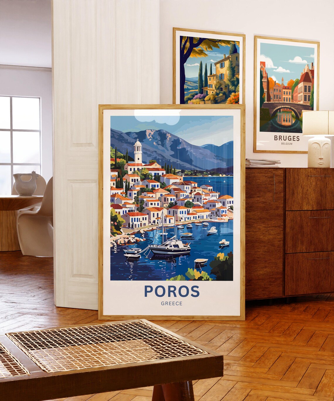 Poros Greece Bay Town Fishing Boats Bright Harbor Travel Poster - Image 3
