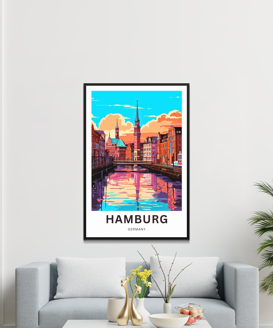 Hamburg Germany Sophisticated Canal Sunset Church Views Poster - Image 3