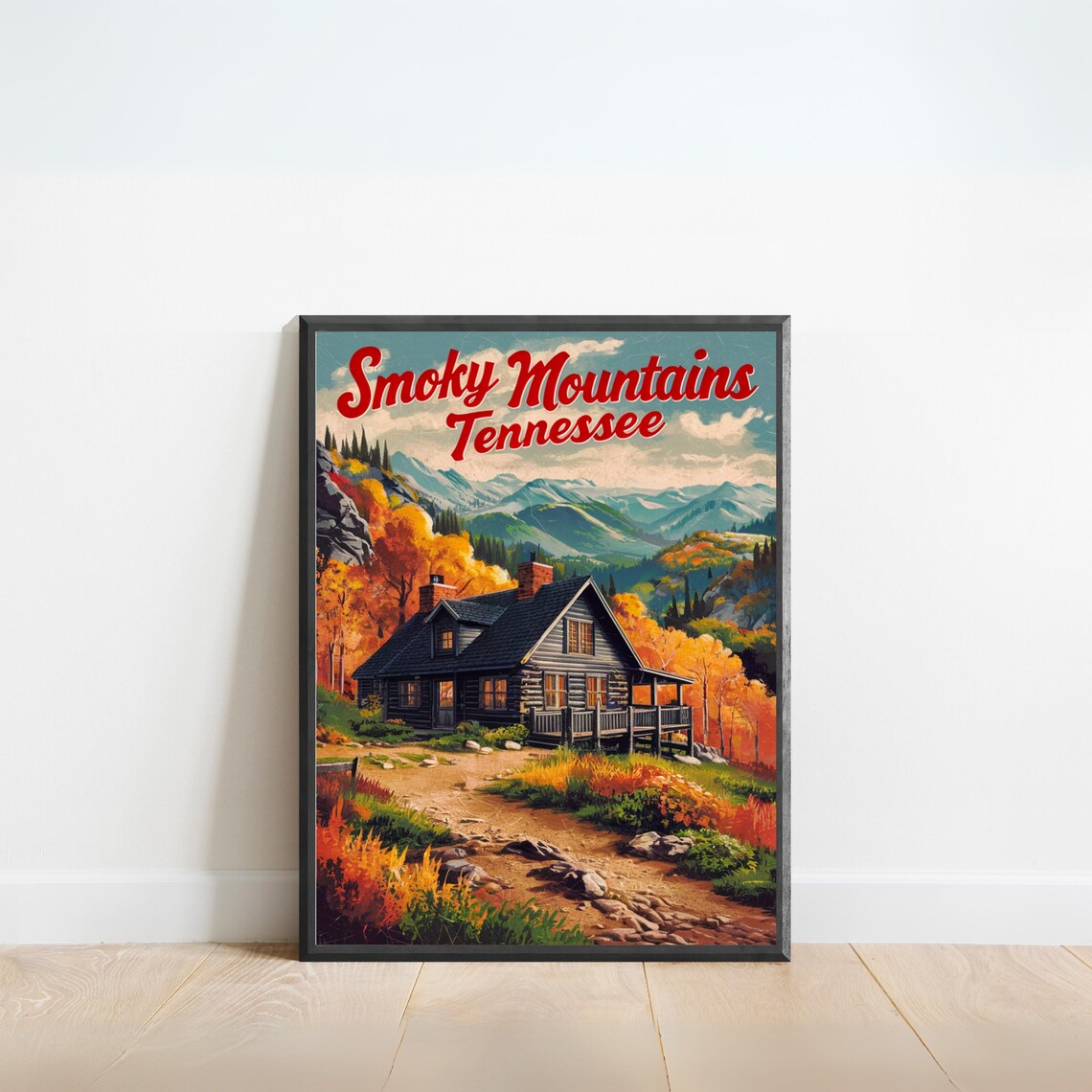 Smoky Mountains Tennessee Vintage Cabin Fall Foliage Travel Poster