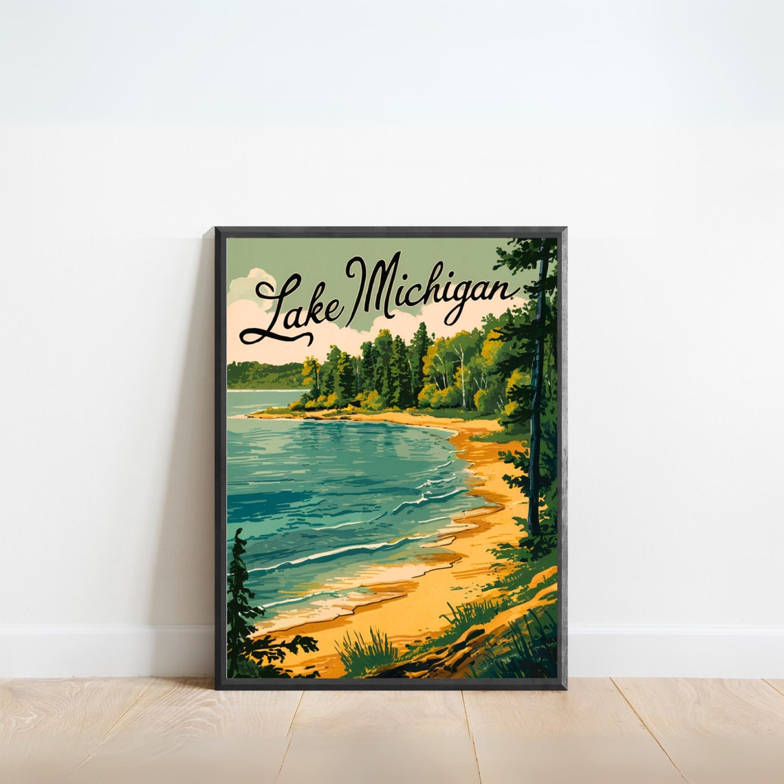 Lake Michigan Vintage Shoreline Pines Retro Great Lakes Poster