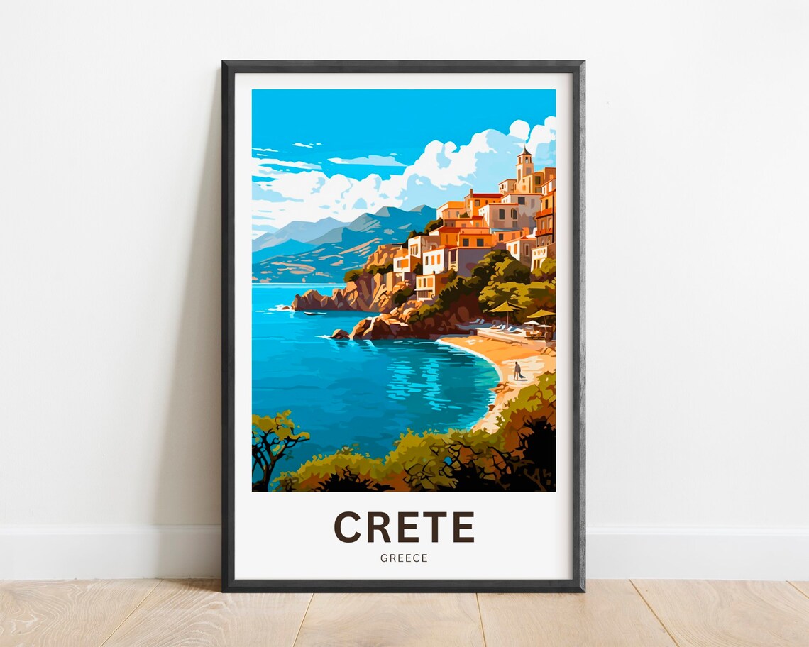 Crete Greece Cliffside Village Turquoise Beach Cove Travel Poster