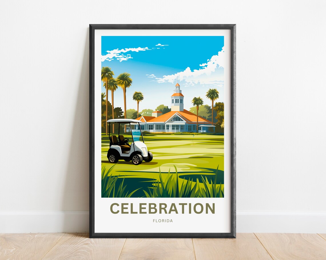 Celebration Florida Golf Cart Green Custom Travel Art Poster - Image 2