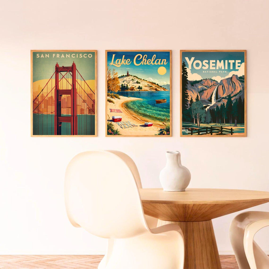 Lake Chelan Washington Vintage Beach Poster Lighthouse Hill Boat Scene - Image 2