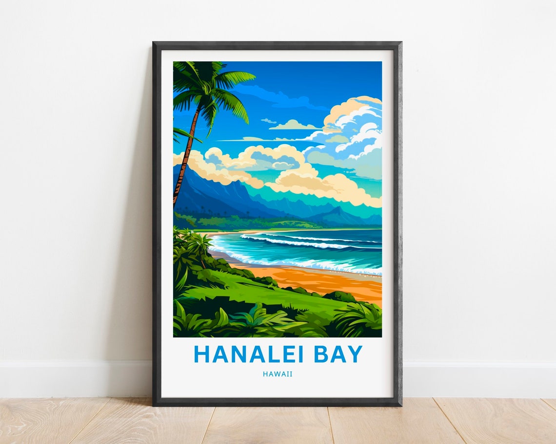 Hanalei Bay Hawaii Crescent Beach Palm Mountains Travel Poster