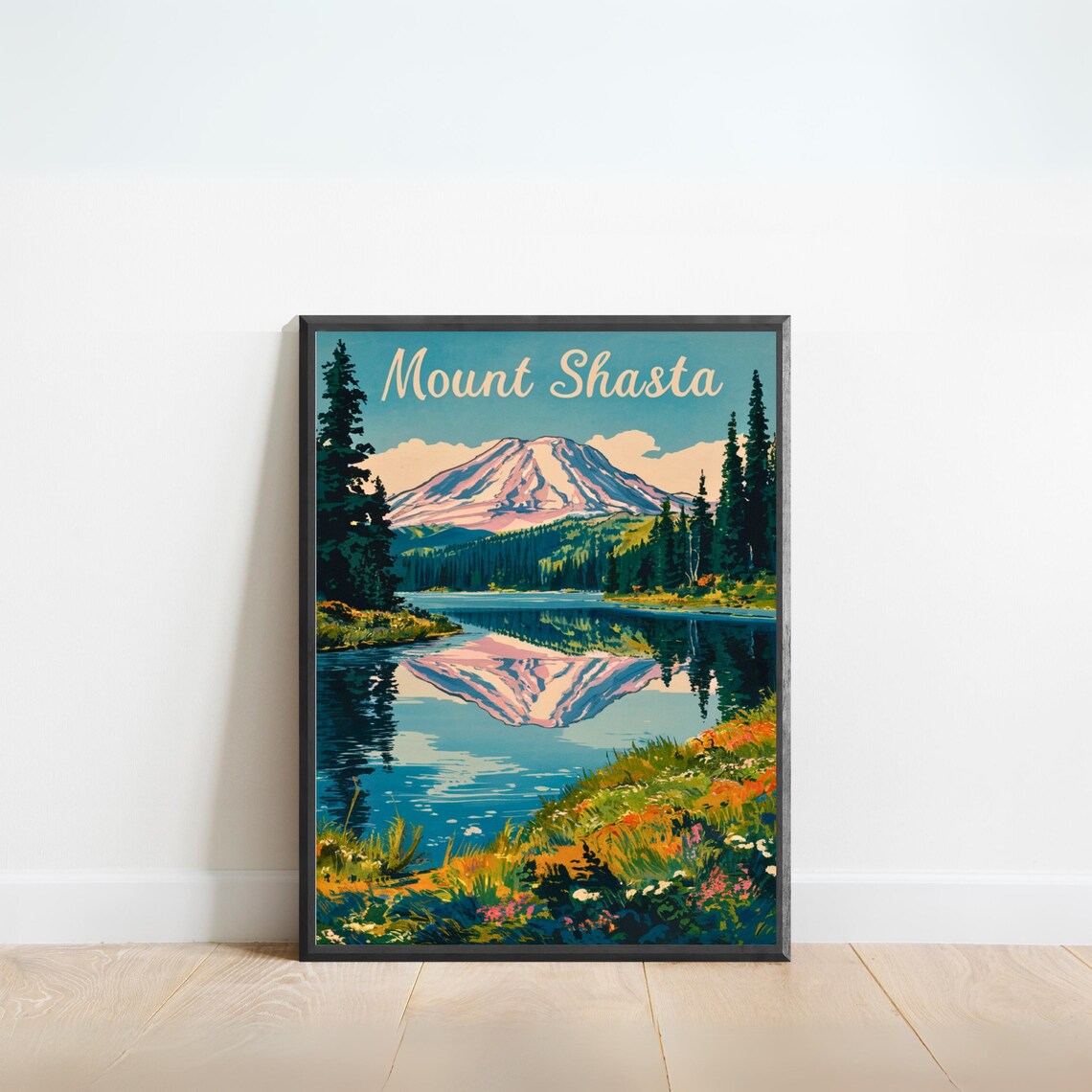 Mount Shasta California Mirror Lake Snow Peak Vintage Poster