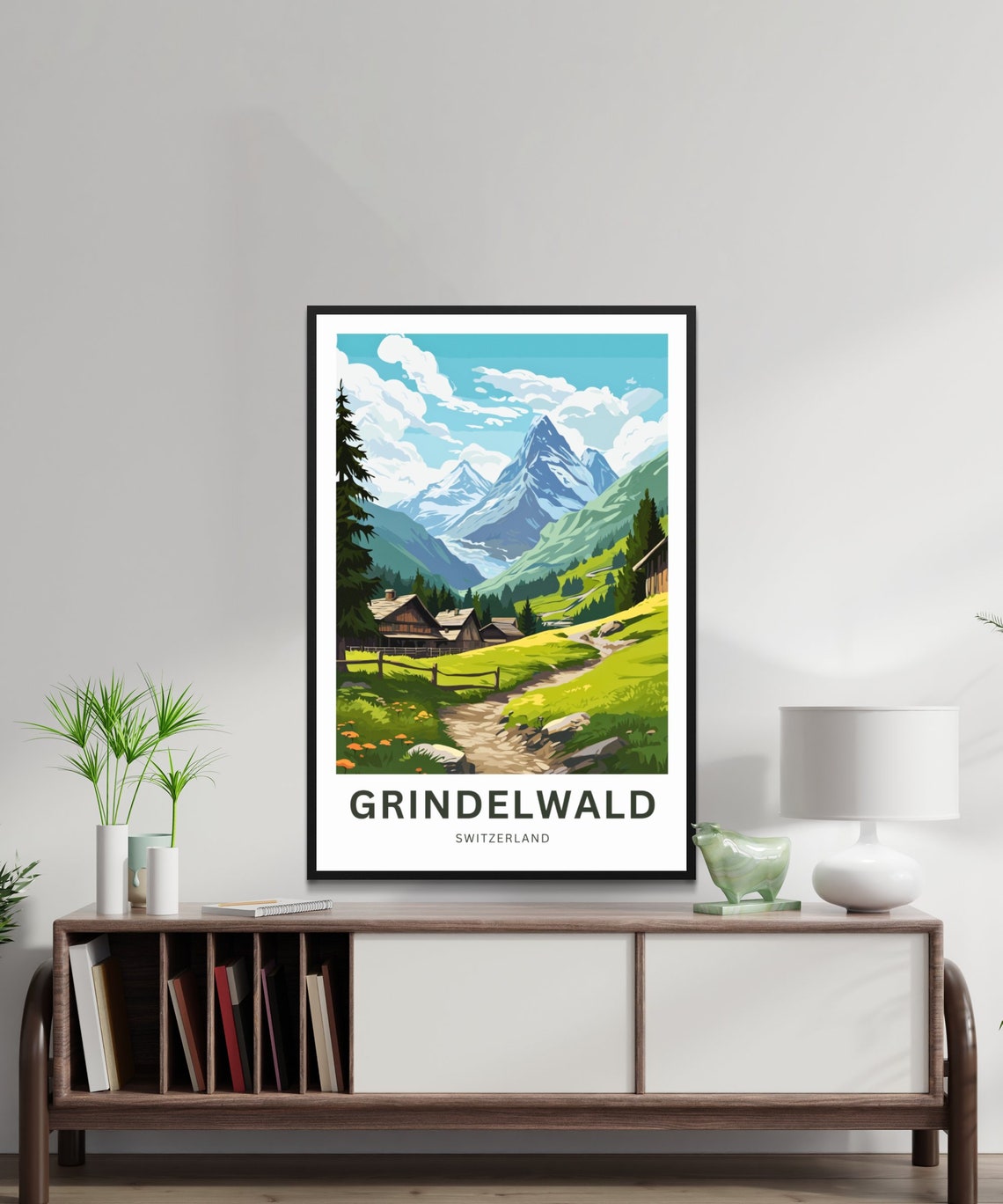 Grindelwald Switzerland Alpine Meadow Cabins Hiking Path Poster - Image 2