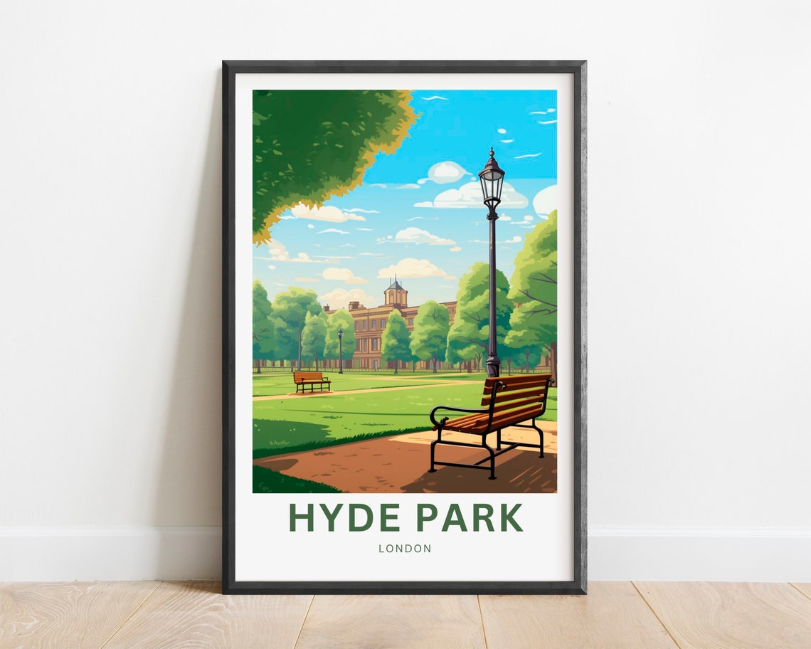 Hyde Park London Bench Lamp Post Sunny Green Lawns Travel Poster