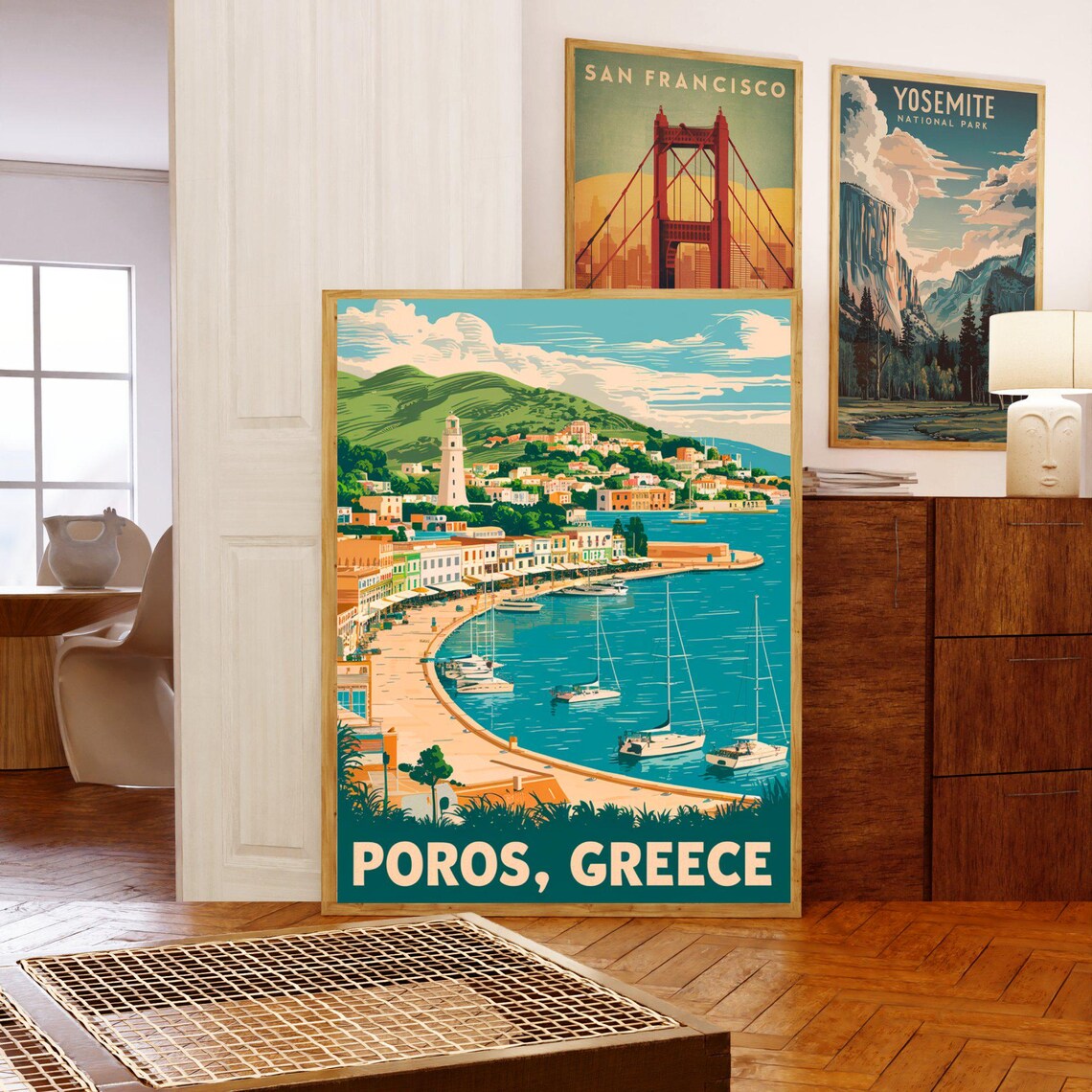 Poros Greece Vintage Teal Harbor Sailboats Travel Art Poster - Image 3