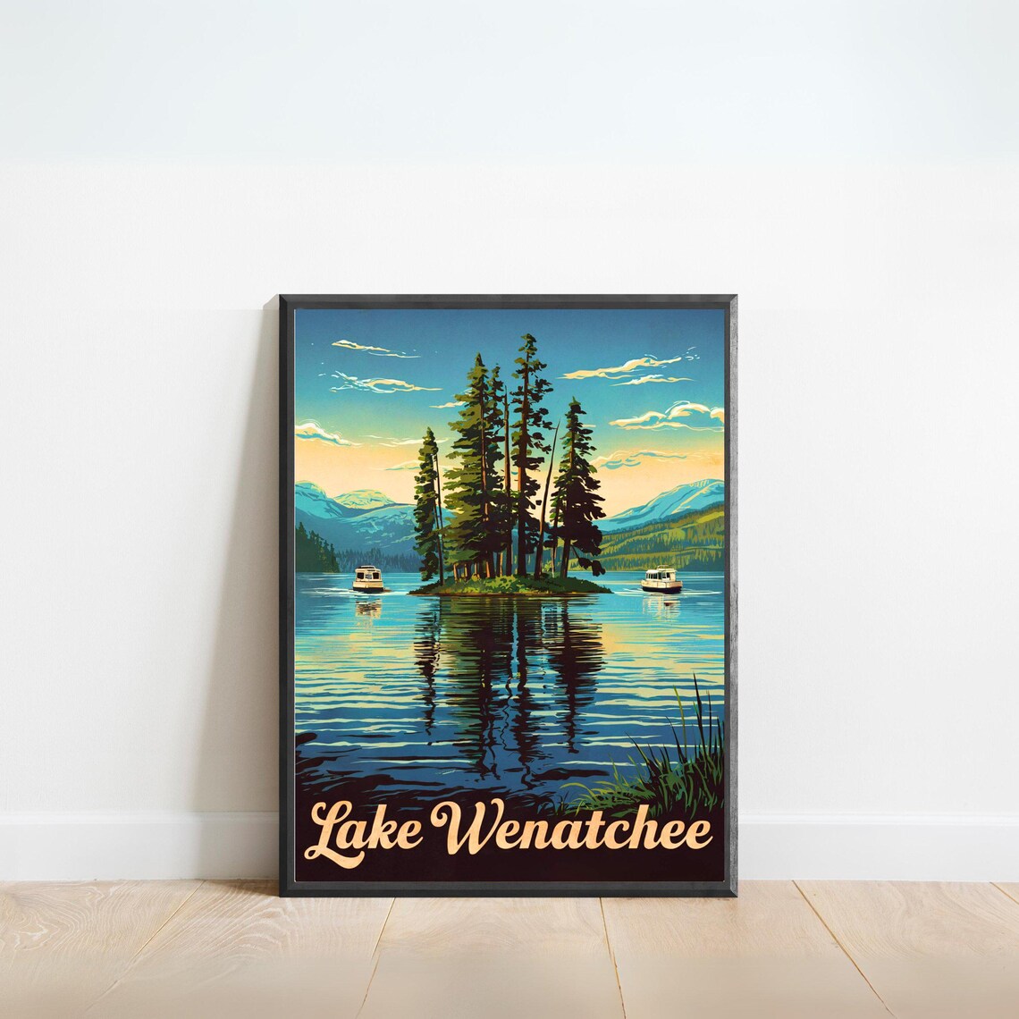 Lake Wenatchee Vintage Pine Covered Island Lakeside Travel Poster