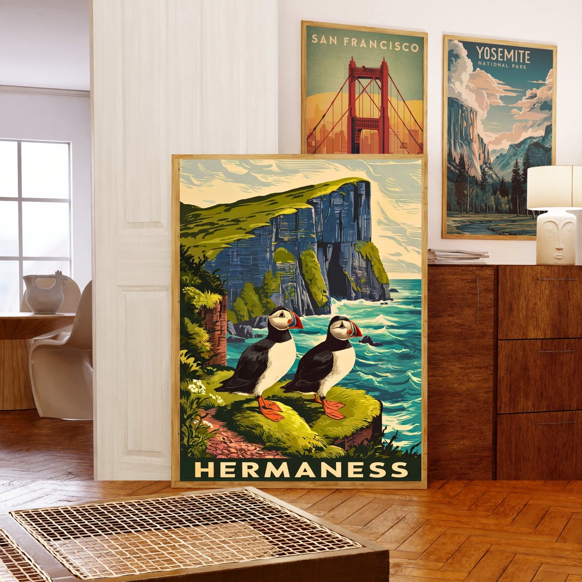 Hermaness Vintage Travel Style Puffins on Sea Stack Cliffs Poster - Image 5