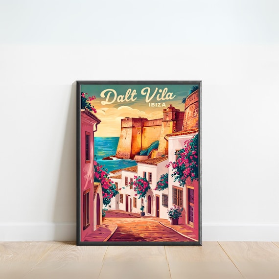 Dalt Vila Ibiza Vintage Fortress Sea Bougainvillea Travel Poster