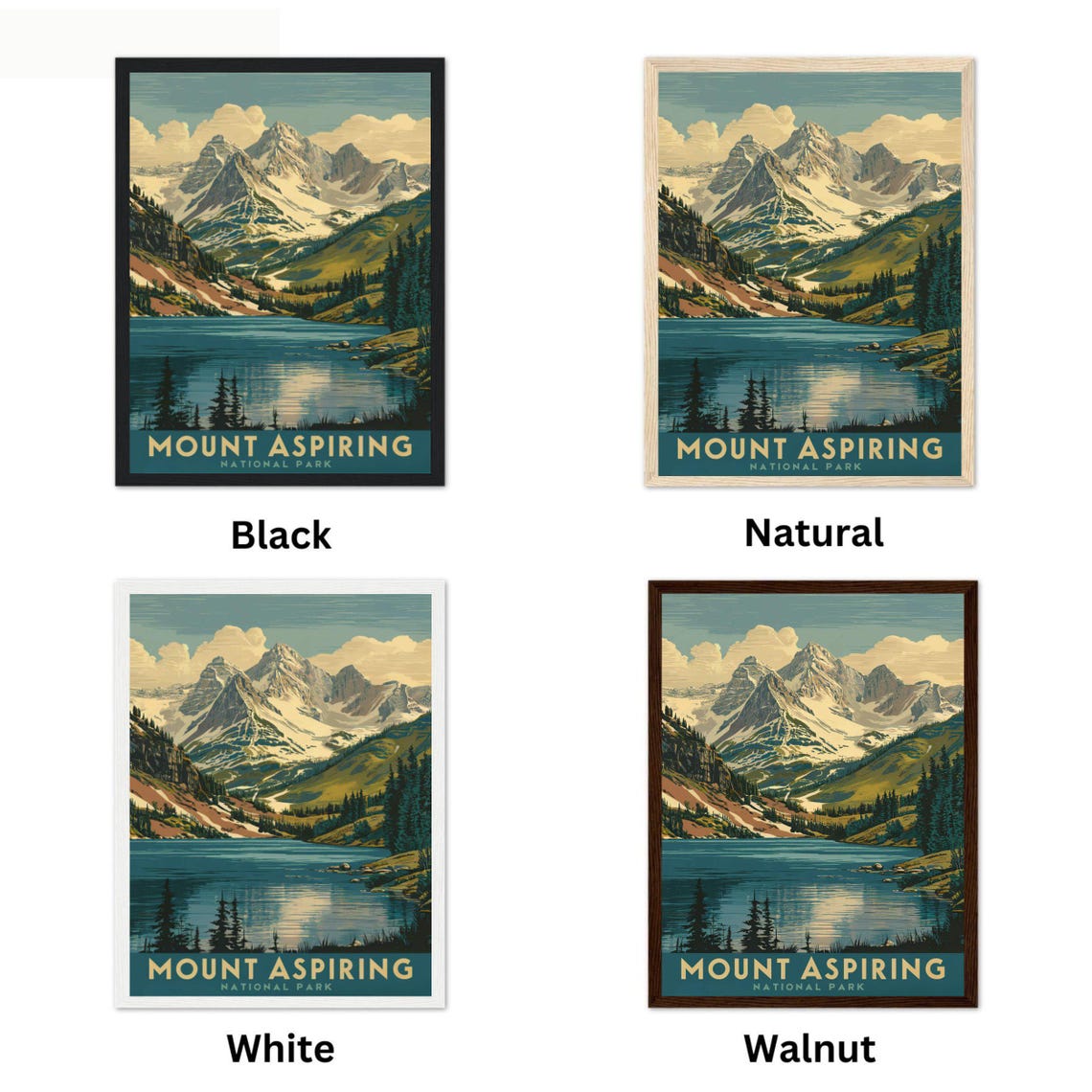 Mount Aspiring National Park Retro Snow Peak Lake View Poster - Image 2