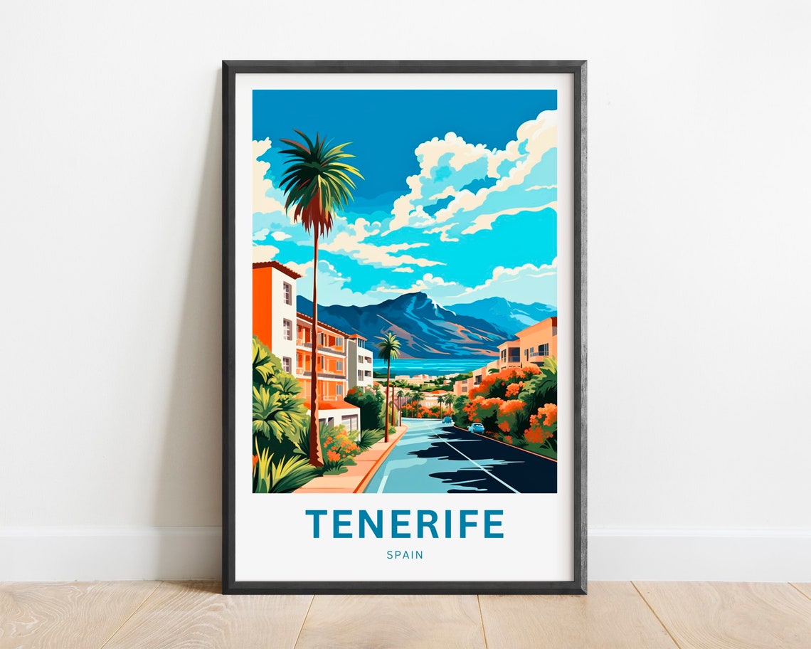 Tenerife Spain Palm Lined Street Mountain Coast Town Scene Poster