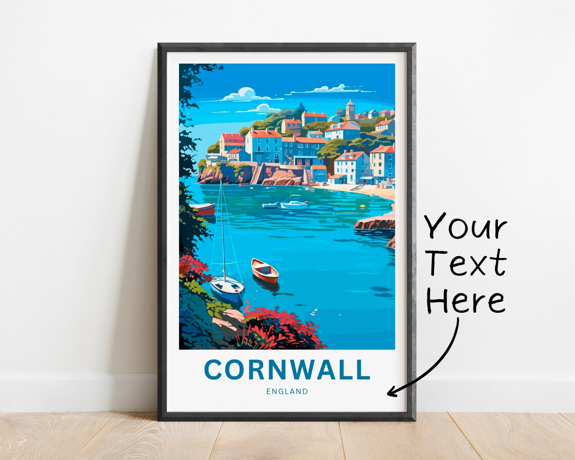 Personalized Cornwall England Harbor Boats Travel Poster Custom Art