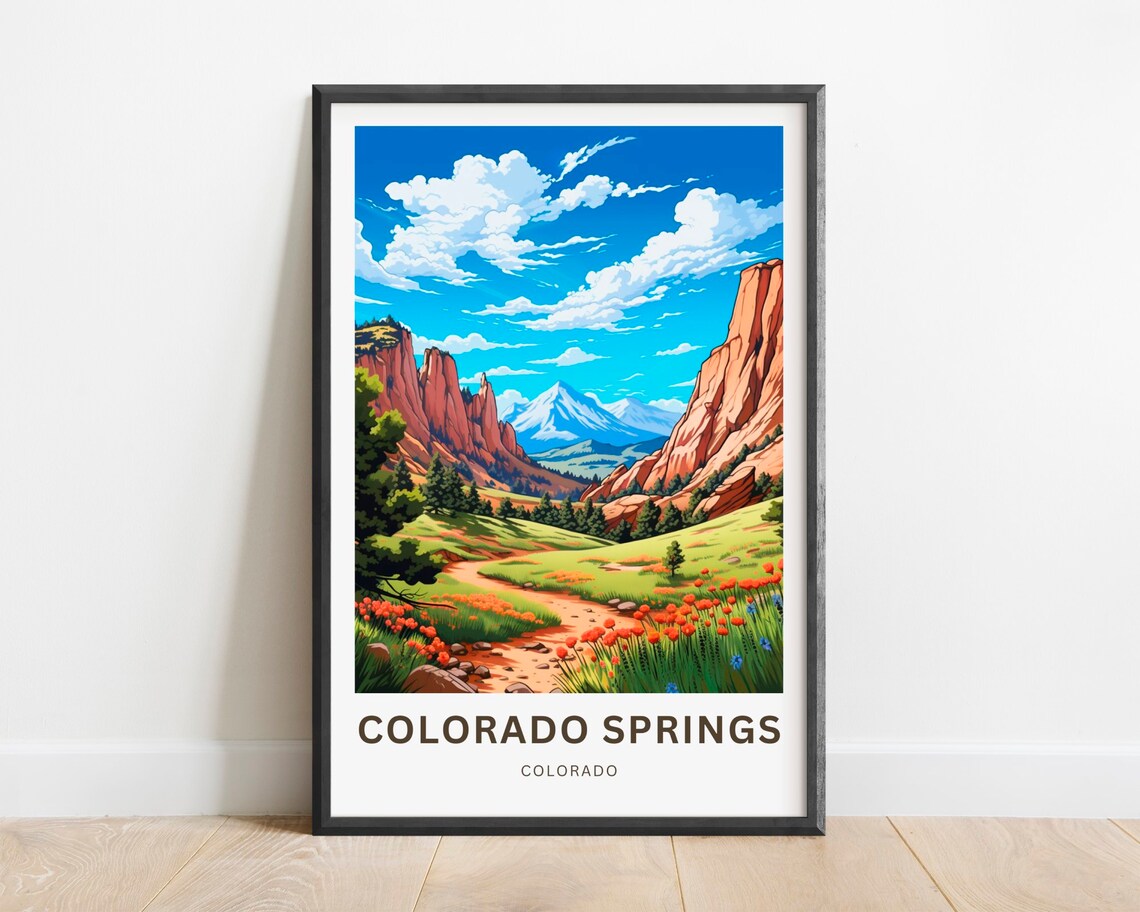 Colorado Springs Colorado Travel Poster with Red Rocks and Pikes Peak