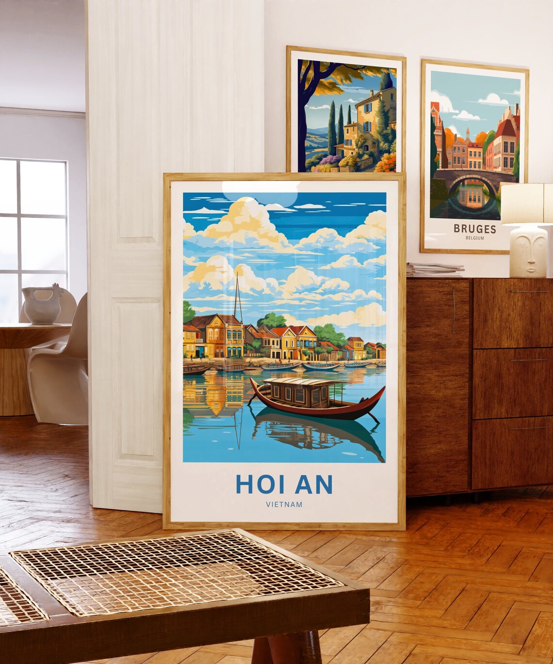 Hoi An Vietnam Travel Poster River Boat Waterfront Houses Art - Image 5