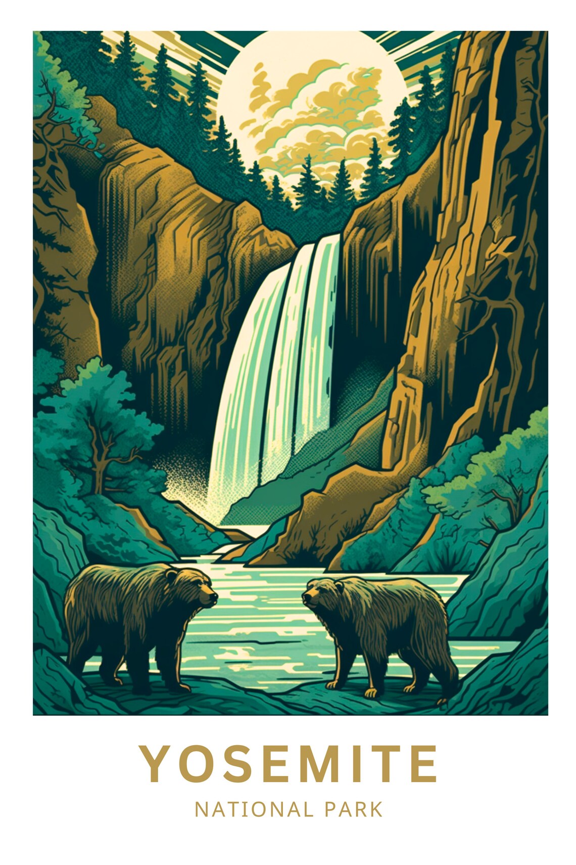 Yosemite National Park Waterfall Bears Golden Canyon Travel Poster - Image 3