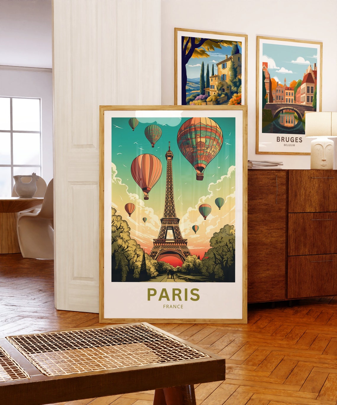 Paris France Eiffel Tower Hot Air Balloons Sunset Travel Poster
