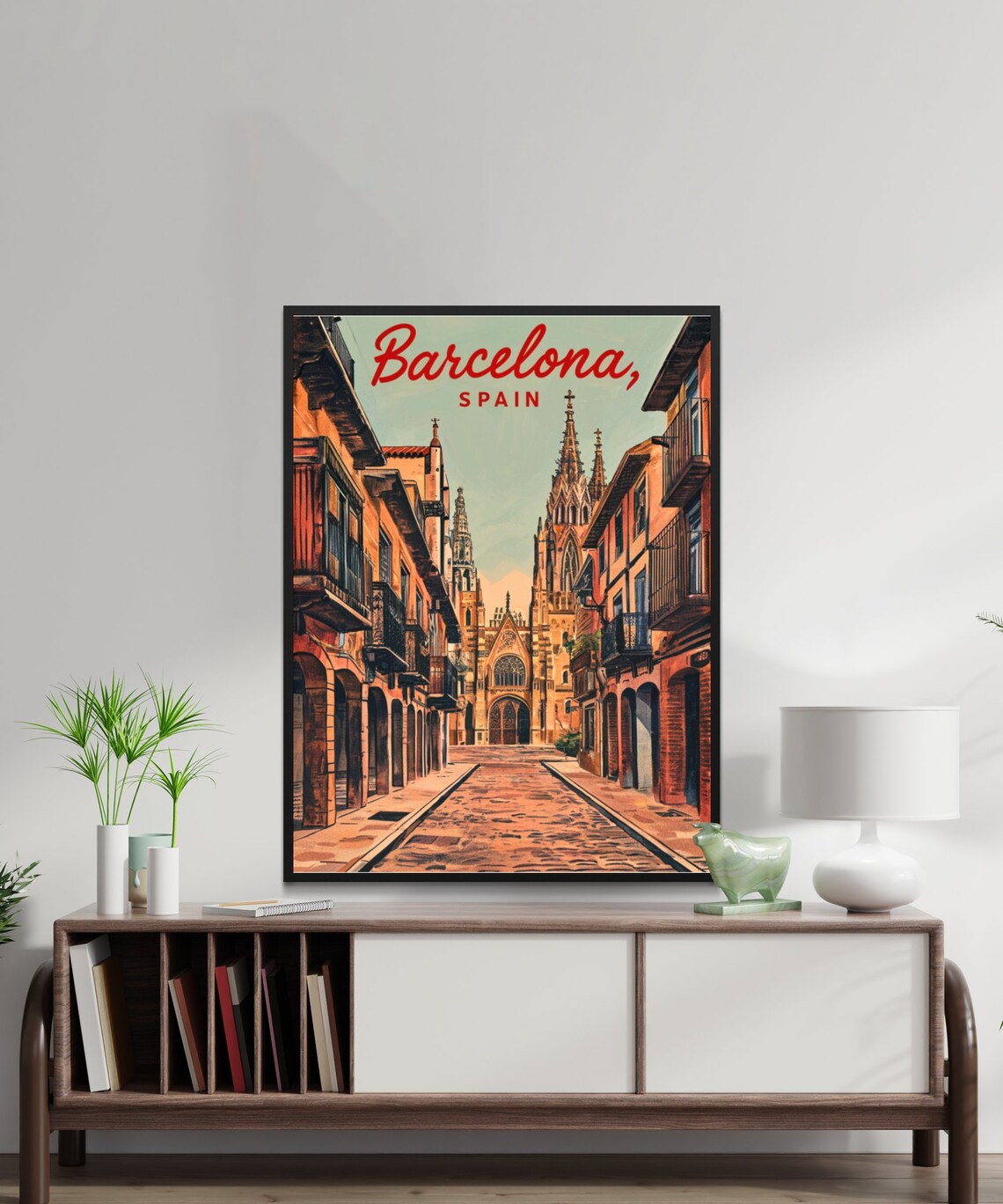Barcelona Spain Gothic Cathedral Old Street Vintage Poster Art - Image 3