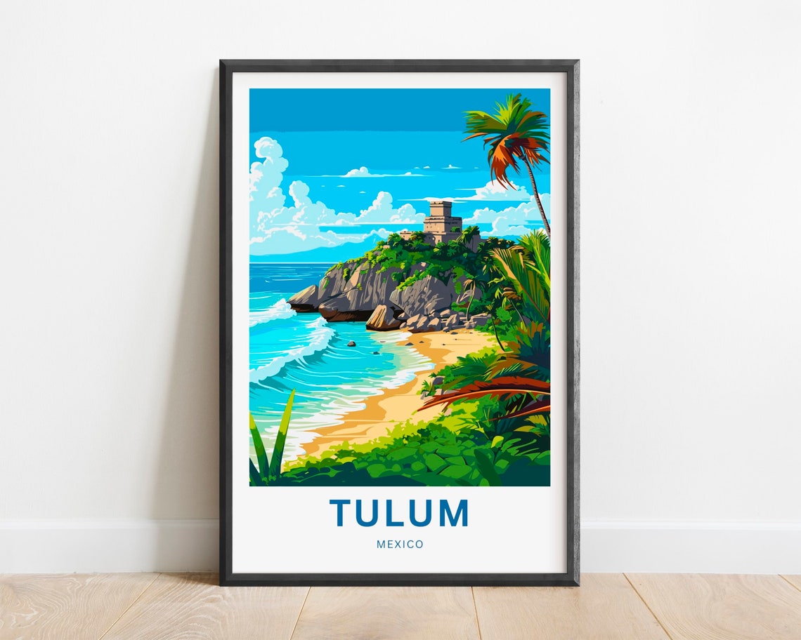 Tulum Mexico Mayan Temple Cliff Turquoise Surf Art Travel Poster